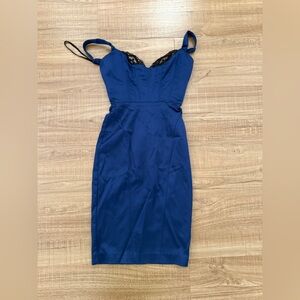 bebe Strapless Blue Dress with Black Lace